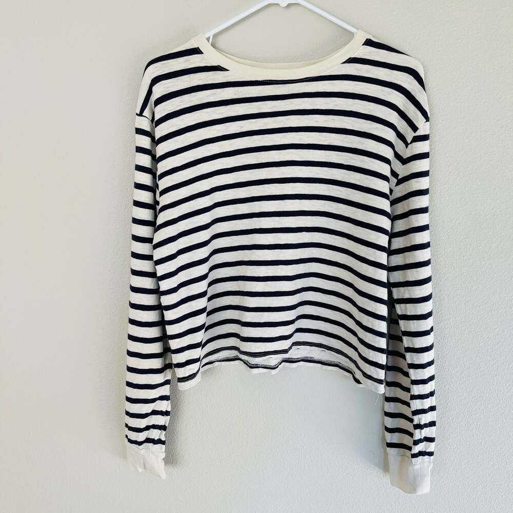 Wild Fable White Navy Striped Long Sleeve Cotton Shirt (S)